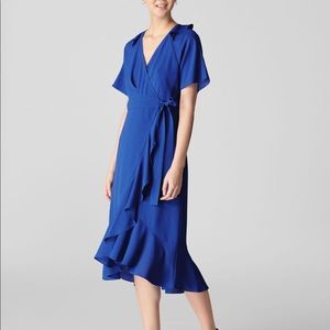 Whistles Blue Abigail Frill Wrap Midi Dress